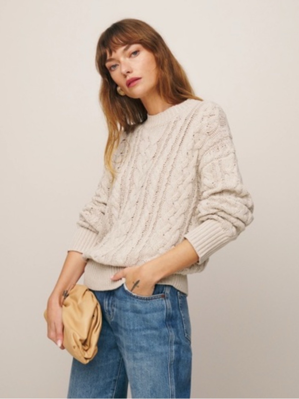 Reformation Sam Cable Knit Cashmere Blend Sweater in Gossamer